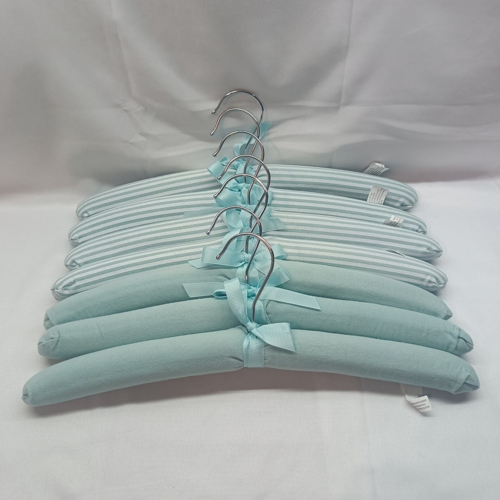 Set of 7 Light Blue Padded Hangers Cotton Striped and Solid Ribbon Bows RN99605
